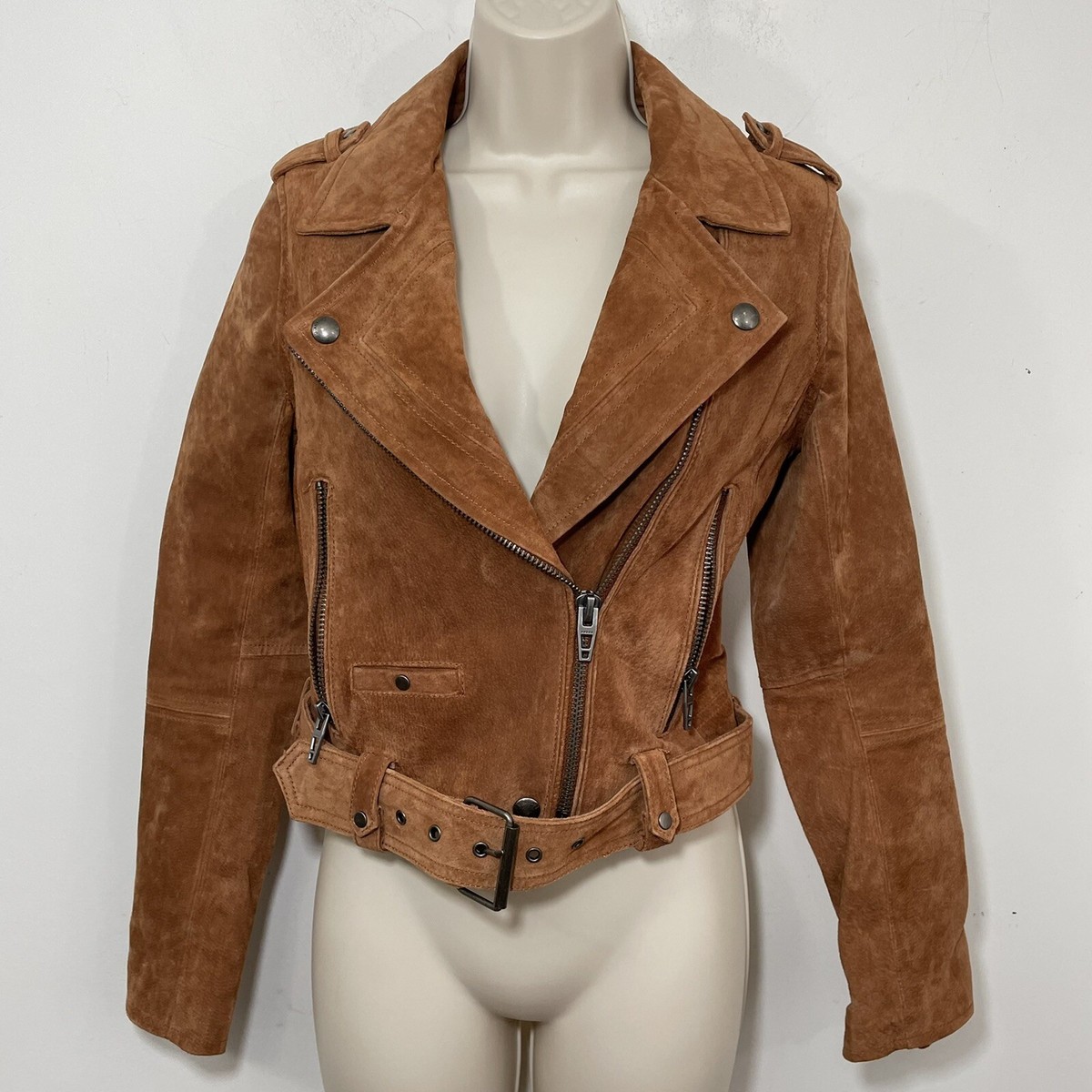 Blank NYC Women Brown Suede Leather Zip-Front Casual Moto Jacket