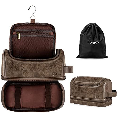 Toiletry Bag Mens Leather Travel Organizer Kit with hanging hook Large Water-...-image