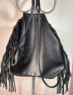 black leather fringe backpack YVES SAINT LAURENT Calfskin Bag Black Leather Backpack With Fringe