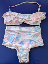 Bikini Two-Piece Swimsuit Women's Large Tie Die Pink Blue Pastel Padded Ruffle