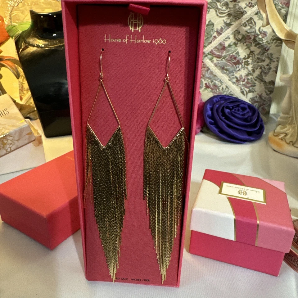 Pendientes House Of Harlow 1960 oro flecos cascada oro líquido 6,5 pulgadas nuevos en caja Foto 2 de 4