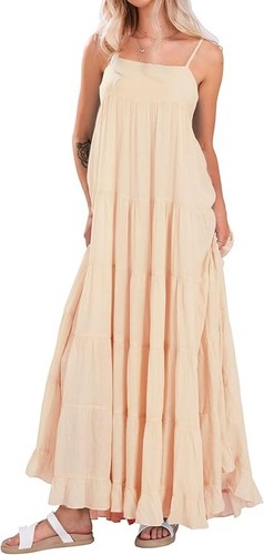 Women Boho Long Flowy Dress Casual Tiered Maxi Dress Spaghetti Strap Sleeveless