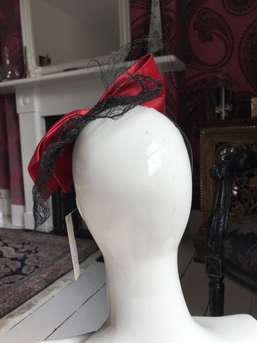 RED SILK OVERSIZED BOW HEADBAND FASCINATOR with Black Net - Ophelie Hats Canada - Picture 7 of 10