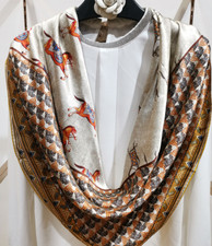 Sciarpa quadrata Sallys 100% seta gelso scialle stampa cavallo 43"nuova