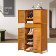 Brown Bamboo [ADJUSTABLE BOOTS SHELF] 8-Tier 4 Slat Doors Shoes Cabinet w/Drawer