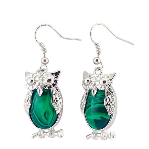 New Handmade Jewelry Green Malachite Gems Silver Owl Hook Earrings - Picture 2 of 6