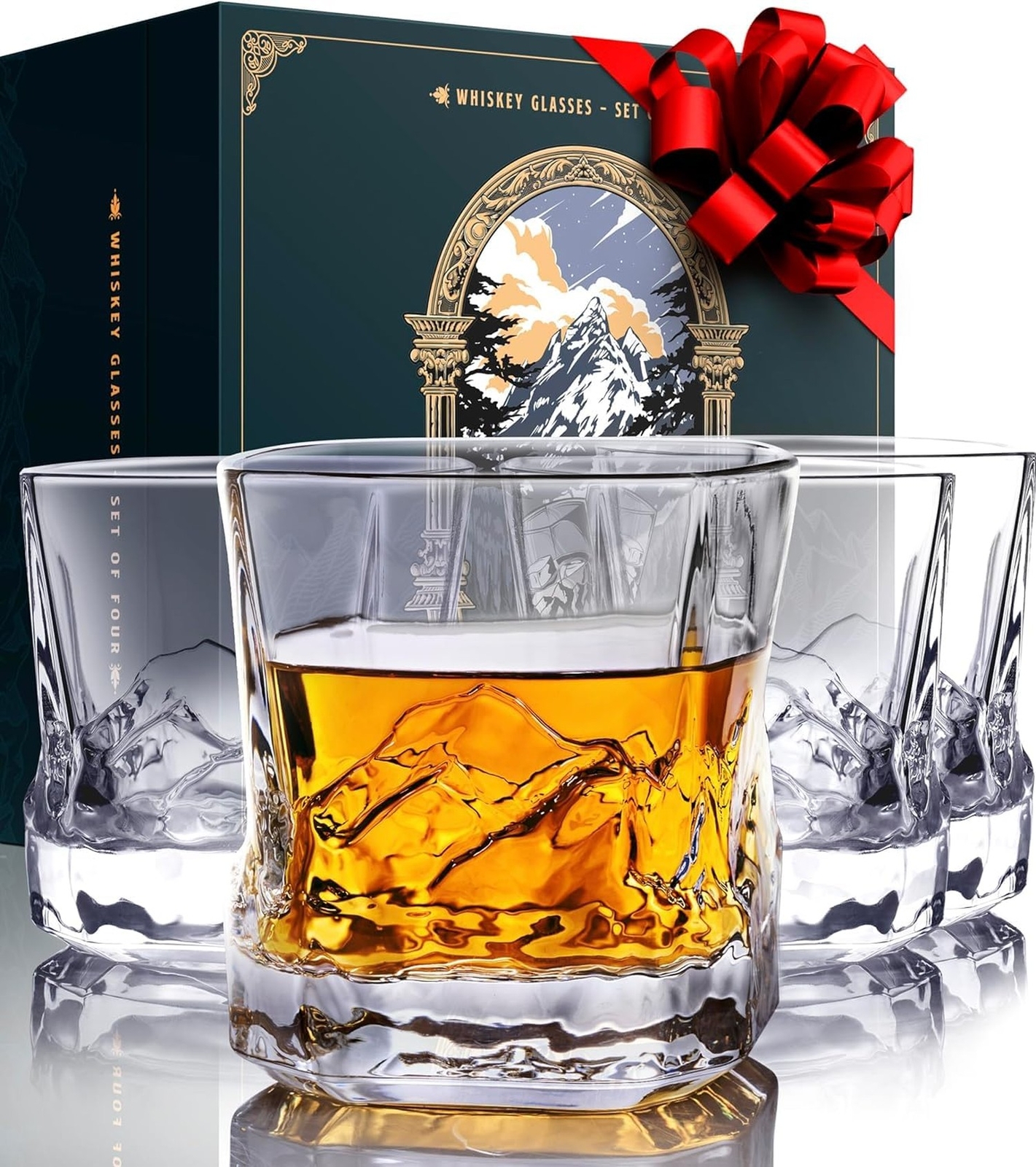 Unique 4-Piece Everest Bourbon Glass Set with Mountain Design in Gift Box - Heavy Base