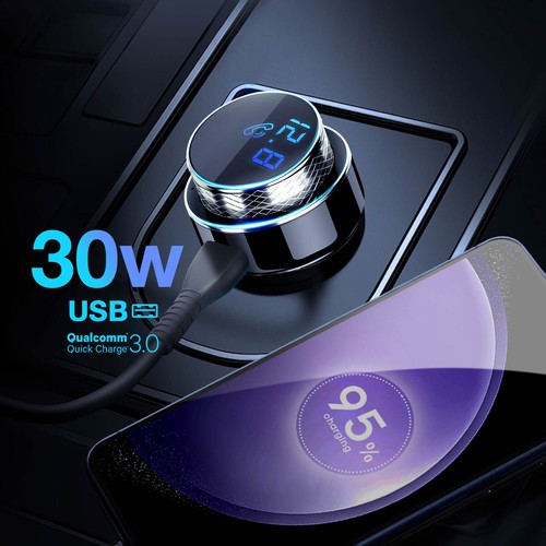 3mk Transmetteur FM Bluetooth Chargeur Allume-cigare USB Quick Charge 30W Noir - Imagen 4 de 6