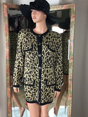 Doncaster Leopard Tunic Sweater Jacket L/S Button Up For Pocket Sz M Bust 40