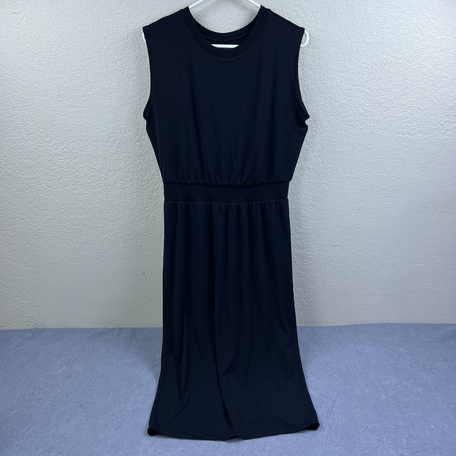 Athleta Santorini Cinch Dress Womens Medium Black Midi Stretch Sleeveless Slit