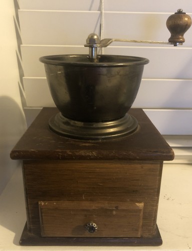 Vintage Rustic Wood Coffee Grinder With 