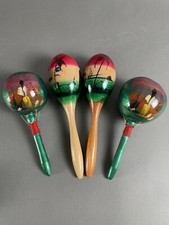VTG 2 Sets of Original MEXICAN HAND PAINTED WOODEN FIESTA MARACAS 4 total