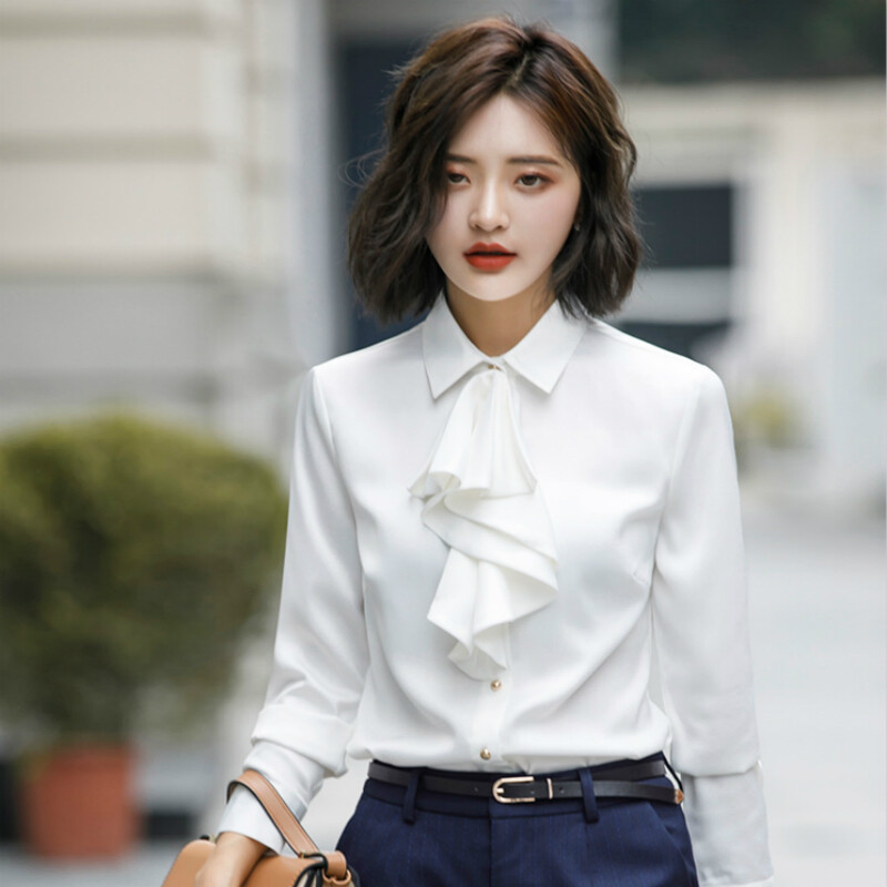 Office Lady Shirt Women Lined Fleece Tops Ruffle Satin Bow Tie