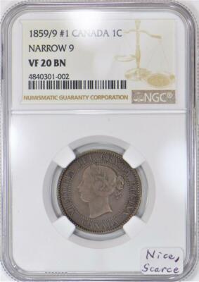 1859/9 #1 Narrow 9 Canada One Cent NGC VF-20 BN; Nice, Scarce | eBay