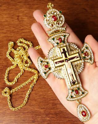 Ornate Sunburst Gold Plate Byzantine Jerusalem Pectoral Cross Bishop 39  Inch