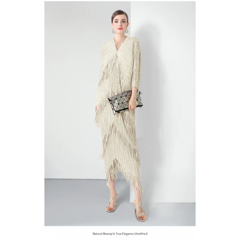 OFF WHITE Abito lungo donna nappa scollo a V manica a pipistrello scollo a V plissettato ampio oversize