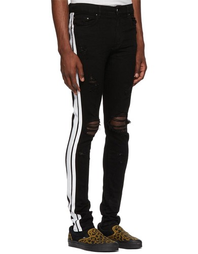 Amiri Mens Black Track Jeans With Distressed White Stripes -New W Tags Authentic - 第 1/13 張圖片