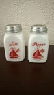 Vintage McKee Milk Glass Sailboat S&P Shakers, Art Deco Sides, Original Lids