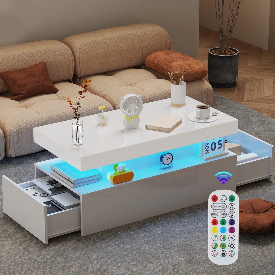 Couchtisch mit LED Leuchte Kaffeetisch Wohnzimmer Sofatisch mit Stauraum Weiß Jk - Bild 1 von 4