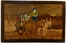 Vintage Inlaid Wood Marquetry Wall Panel Indian Village Life 