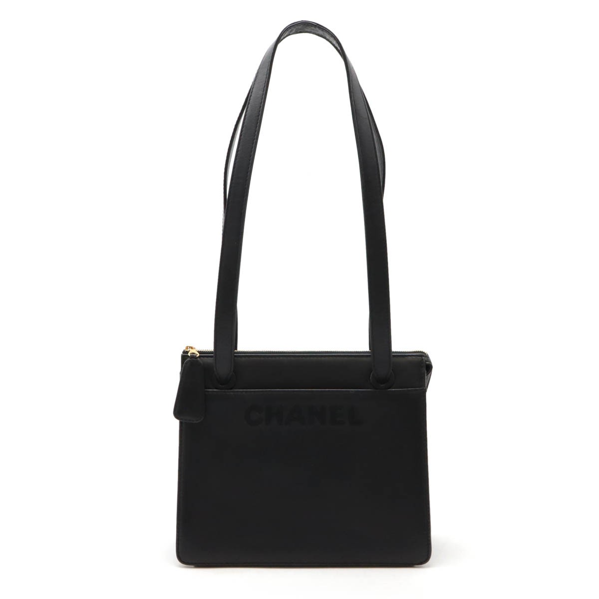 CHANEL Black Leather Tote Bag with Logo Embroidery 29199