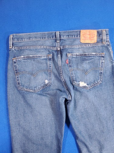 Levis 514 Slim Straight Jeans Mens 36x30 Blue Ripped Distressed Frayed - Afbeelding 19 van 20