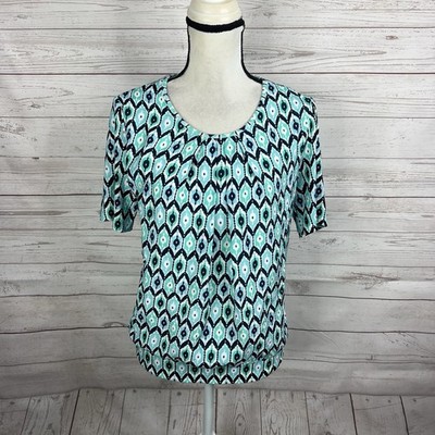 Frank Walder Womens Top Blouse Size US 6 Blue Green Short Sleeve
