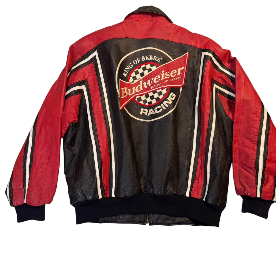 CHAQUETA DE CUERO NEGRA NASCAR Budweiser King of Beer vintage años 90 talla XL Foto 2 de 4