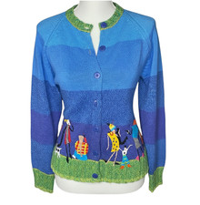 VTG Susan Bristol Sweater Cardigan FASHIONABLE LADIES ON PHONES Embroidered SZ L