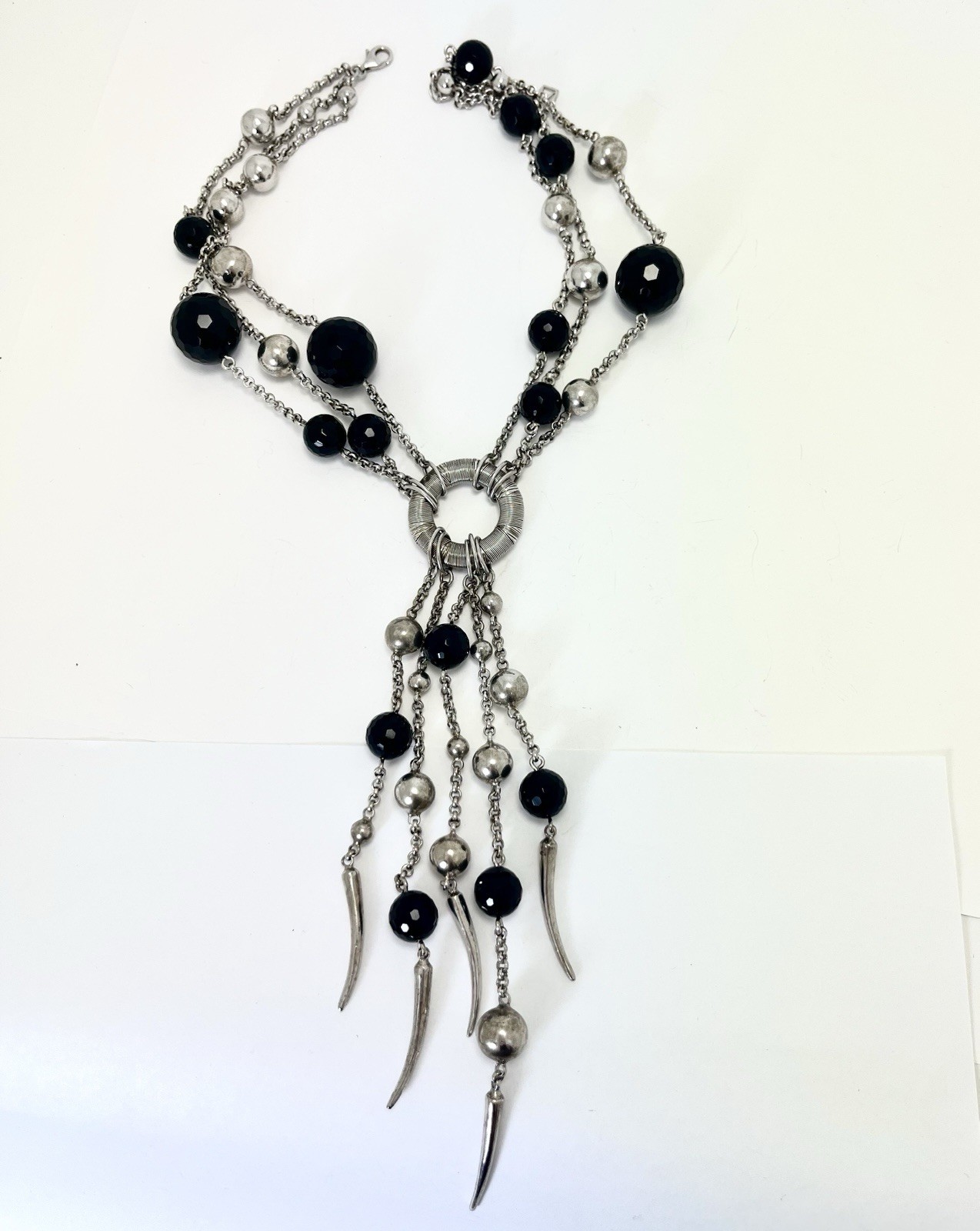 Sterling Silver Statement Black Beaded Spike Neck… - image 3