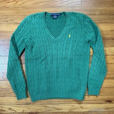 Vintage Ralph Lauren Sport V Neck Cable Knit Sweater Green Size Large