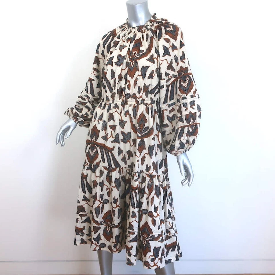 Ulla Johnson Ambre Balloon Sleeve Midi Dress Cream/Brown Printed Poplin Size 6 - Image 2 of 4