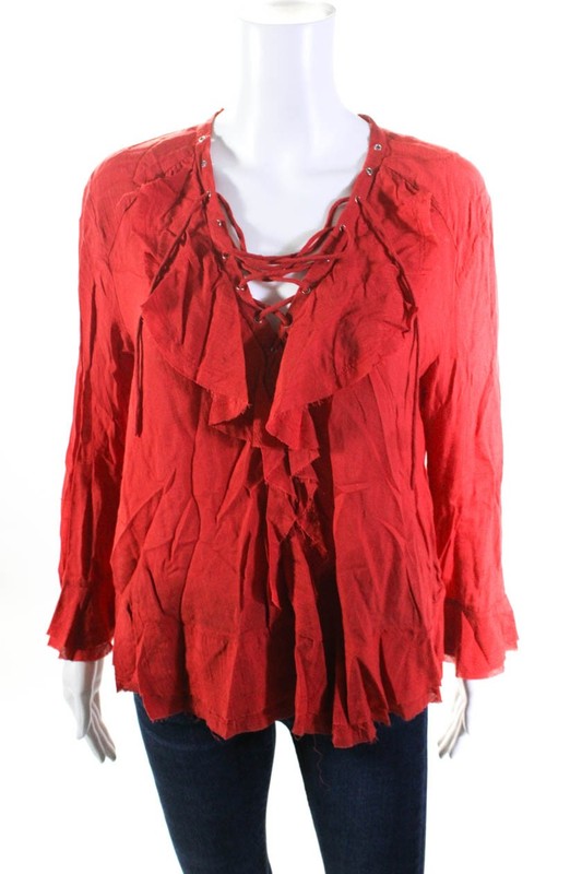 IRO Womens Ruffled Lace Up V Neck Long Sleeve Blouse Red Size EUR 36 LL19LL