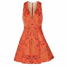 Alice + Olivia Orange Gold Brocade Open Back Mini Dress Size 4 wedding guest