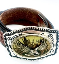 Vintage Brown Tooled Cowhide Mexico Leather Cowboy Western Belt Buckle 44