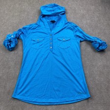 Marmot Shirt Womens Small Blue Hooded Hoodie Long Sleeve PUllover Roll Tab Butto