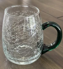Pier 1 Imports Clear Crackle Glass Coffee Tea Mug Applied Green Handle 16 oz.