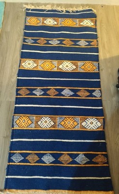 Marokkanischer Kelim Blau und Orange Neu Wolle Handarbeit Berber Teppich