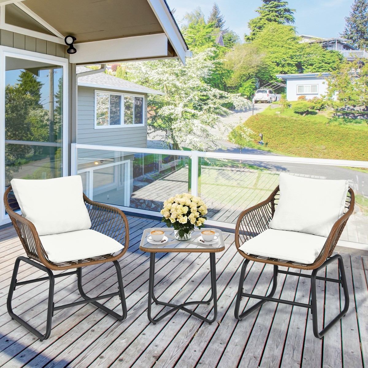 ３点セット Costway 3PCS Patio Rattan Bistro Set Cushioned Chair Glass
