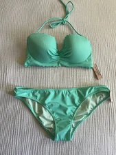 New Victorias Secret  Swim Set 32C Push-up BANDEAU Halter  Medium Bikini Bottom