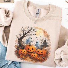 Ghost Pumpkin Halloween Sweatshirt Spooky Cute Womens