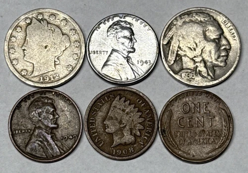 Lot of Indian Head Penny, Liberty V and Buffalo Nickel, Steel & 2 Wheat Pennies