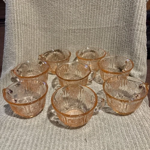 Vintage Set Of 8 Coffee Cups Cabbage Rose Pink Depression Glass