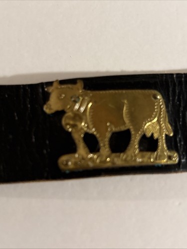 Folk Art Women’s Black Leather Scalloped Buckle & Brass Cow & Pipe Smoking Man - Picture 10 of 24
