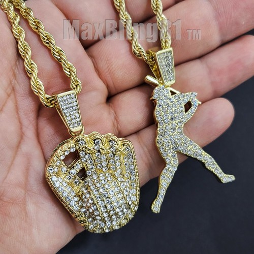 Baseball Hitter & Glove Cubic Zirconia Pendant 24" Rope Chain Hip Hop Necklace - Picture 2 of 12