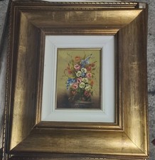 Quadro Olio su Rame Firmato VITTORIANO Tema Vaso Fiori - cornice in legno dorato