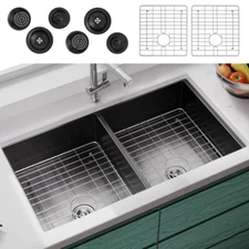 33 Inch Undermount Kitchen Sink Double Bowl 304 Stainless Steel 16 Gauge Black