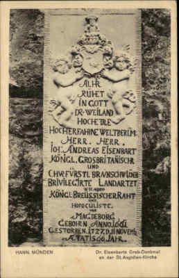 1915 Stempel Hann. Münden auf Feldpostkarte Dr. Eisenbart Grab-Denkmal Kirche