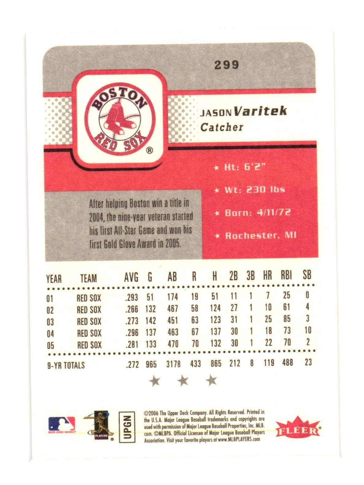 2006 Fleer #299 Jason Varitek Boston Red Sox - Picture 2 of 2