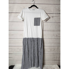 Zara Trafaluc Womens T Shirt Dress White Stripe Midi Jewel Neck Short Sleeve S